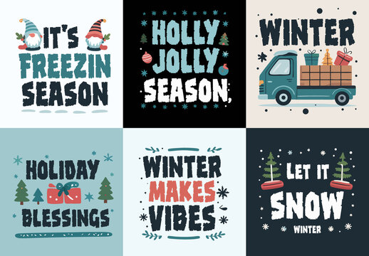 Retro Winter Holiday Illustrations Set for Seasonal Design