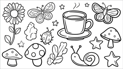 Black and white nature and coffee elements illustration for design projects