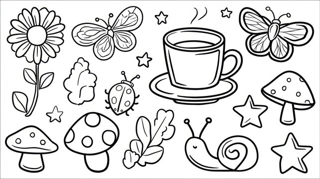 Black and white nature and coffee elements illustration for design projects