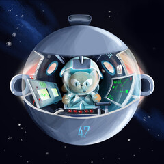 gato astronauta pilotando uma nave espacial - ponte de comando - ilustra&ccedil;&atilde;o infantil