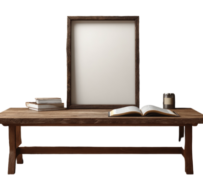 Wooden frame, open book, and stacked books sit on a rustic table, next to a small candle