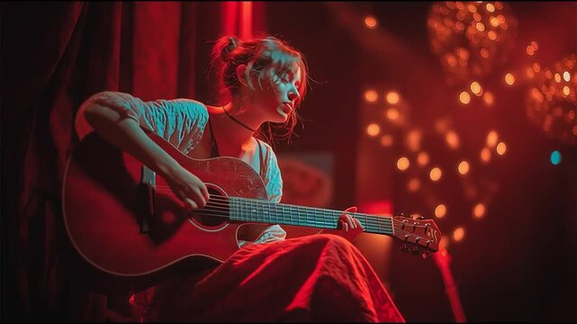 ギターを弾く女性のライブステージ映像｜演奏｜音楽ライブ｜ステージ照明｜パフォーマー｜フェスティバル風素材｜感動｜シネマティック｜抽象・汎用