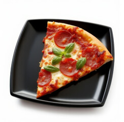 Overhead Pizza on Black Plate &ndash; Isolated White Background Restaurant Image