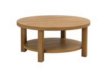 Round wooden coffee table with two tiers, natural wood finish, isolated on transparent background, modern furniture