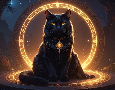 Enchanting black cat with mystic amulet in magical setting ready for Halloween themes, fantasy stories, or captivating digital art projects now