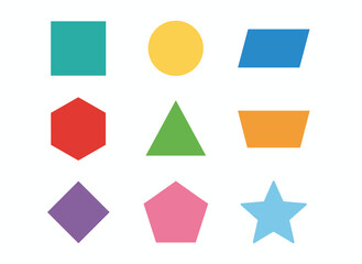 A set of vector icons featuring basic geometric shapes and flat educational symbols, including square, circle, triangle, rectangle, and rhombus