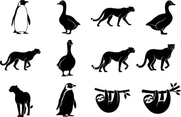 Animal silhouette collection featuring penguin, goose, cheetah, and sloth in various poses, perfect for wildlife, nature, and design themes.