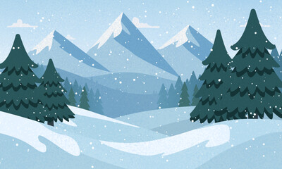 Winter landscape with snowdrifts and snowy fir trees. Vector doodle style seasonal nature background. Frosty snow hills. Game art concept. Vector illustration: Cartoon Winter snowy Mountains lands
