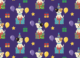 A continuous pattern featuring a dog, balloon, gift box, and hat, designed for holidays and birthdays, rendered as a vector illustration