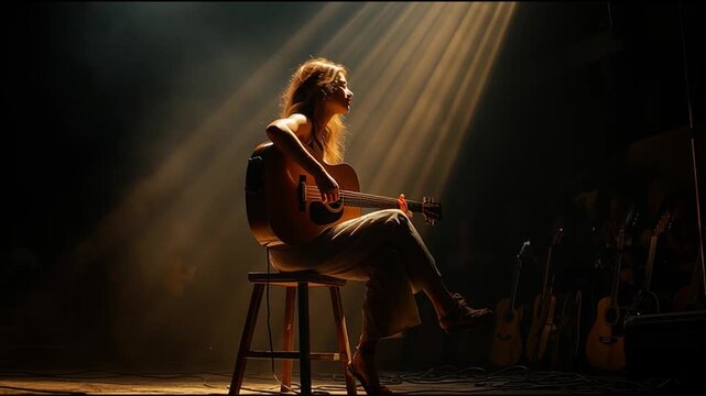 ステージでギターを奏でる女性アーティストのライブ演奏映像｜音楽｜弾き語り｜パフォーマンス｜ライブ感｜照明演出｜バンド｜情熱｜ミュージシャン素材｜Vlog用