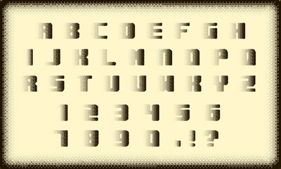 Halftone bitmap font. Blurred alphabet with dots. Vintage Halftone Display Font alphabet collection, vector. Retro 70s and 80s halftone dots in black and white alphabets. Halftone alphabet, number