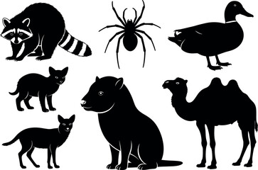 Silhouette vector of raccoon, spider, duck, cats, capybara, and camel animals isolated on white background for wildlife design