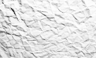 Halftone crumpled paper texture. Old creased paper page wallpaper. Dotted rough wrinkled background. Comic pop art grainy overlay. Aged damaged gritty page in cartoon style. Vector crumpled surface