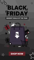 Black Friday sale advertisement with shopping bag cart and gift boxes for big discounts