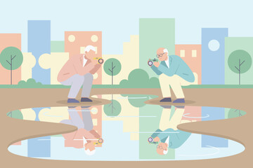 Two senior men enjoying photography in an urban park capturing reflections in puddles