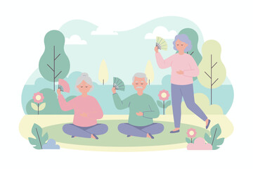 Seniors enjoying gentle exercise and relaxation with fans in a serene park Healthy lifestyle