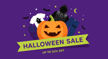 Halloween sale banner with spooky jackolantern ghost shirt spiderweb hoodie and bats on a purple background Up to 50 off