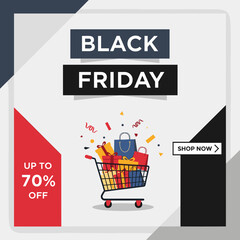 Black Friday sale banner Shopping cart gifts 70 off discount Shop now