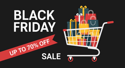 Black Friday Sale Up to 70 Off Shopping cart full of gifts and bags