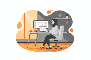 Woman in hijab working at desk with laptop and desktop festive Halloween office decor Business productivity