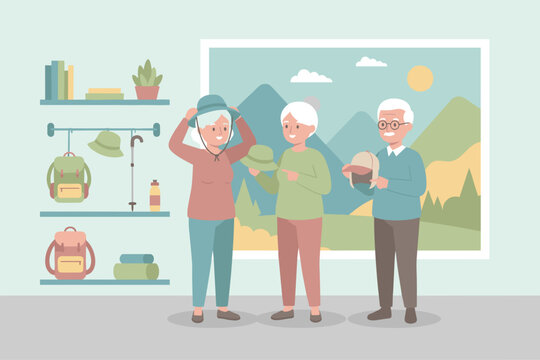 Happy seniors trying hats preparing for outdoor travel or hiking adventure Retirement lifestyle - Powered by Adobe