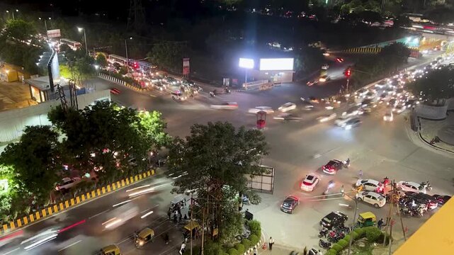time lapse of traffic at night in India, traffic at night in Indian city, ariel view of traffic at night of Indian city
