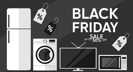 Black Friday sale banner for major appliances and electronics with discount tags on a dark background