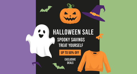 Spooky Halloween Sale banner with friendly ghost jackolantern witch hat Exclusive deals  savings up to 50 off