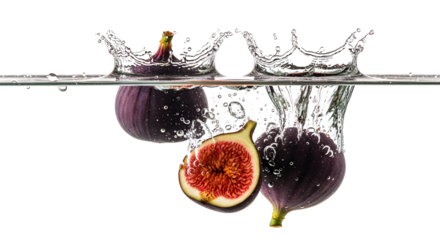 Fresh fig fruit splashing in water isolated on transparent background