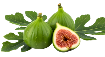 Fresh green figs and leaves isolated on transparent background, healthy food