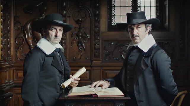 Dos dignatarios holandeses del siglo XVII de pie en un estudio formal