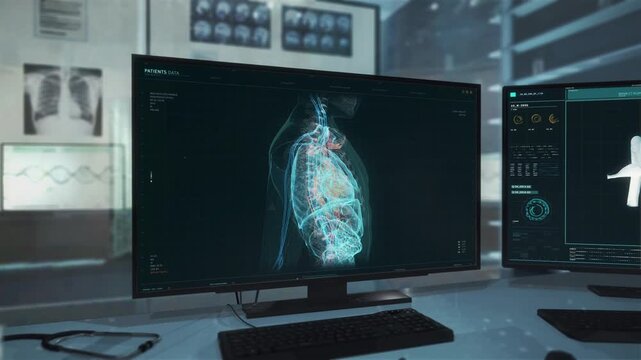 Medical x-ray examination computer software is inspecting the human body. Medical x-ray computer software searches for disease cells. Medical x-ray computer software analyzes the human skeleton.