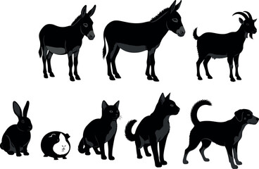 Set of Domestic Animal Silhouettes Including Dog, Cat, Rabbit, Goat, Donkey, Guinea Pig for Farm, Pet, and Education Use