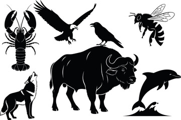 Silhouette animal collection featuring eagle, wolf, dolphin, buffalo, lobster, bee, and crow in dynamic poses for wildlife vector art