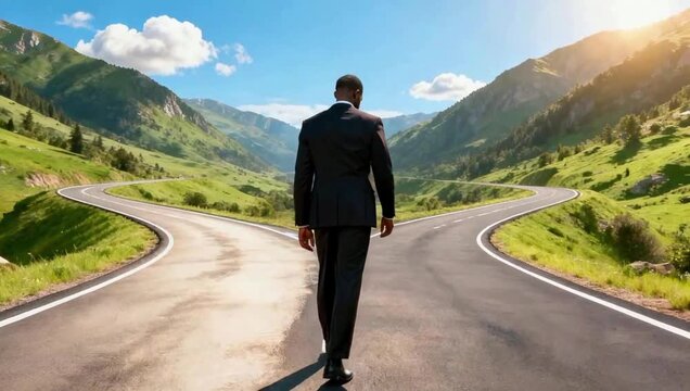 Un hombre afroamericano con traje oscuro parado en la bifurcación de dos carreteras contemplando la decisión luego comienza a caminar por un camino