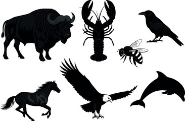 Silhouette vector set of wild and marine animals including buffalo, eagle, dolphin, raven, horse, lobster, bee for biodiversity themes