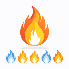Set of colorful fire flame icons in a flat vector style. Modern graphic symbols for heat, energy, and danger concepts