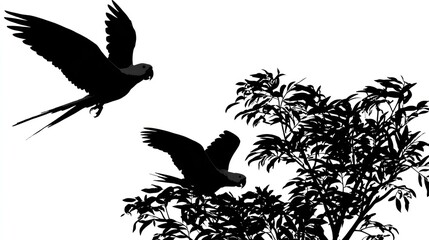 Silhouettes of parrots in flight near foliage against white background