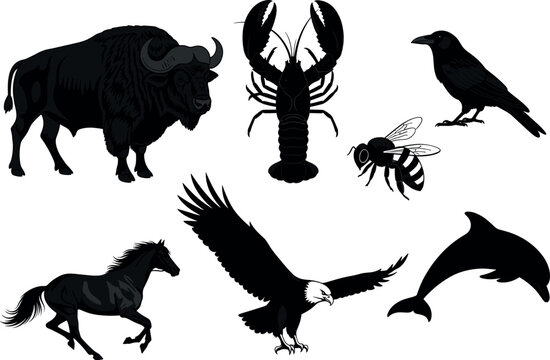 Silhouette vector set of wild and marine animals including buffalo, eagle, dolphin, raven, horse, lobster, bee for biodiversity themes