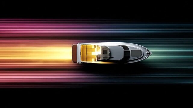 Modern motorboat sailing fast with colorful abstract motion trails