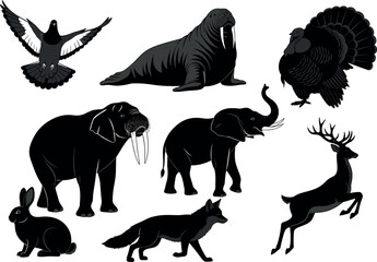 Silhouette set of wild and domestic animals including fox, elephant, saber-toothed cat, pigeon, deer, rabbit, and more