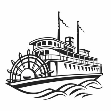 black and white steamboat on water clip art preview