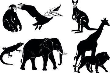 Silhouette set of wild animals including elephant, lion, giraffe, kangaroo, chimpanzee, pelican, and lizard isolated on white background