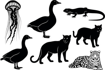 Silhouette vector set of wild animals including jellyfish, geese, cats, leopard, and lizard for nature and wildlife themes.