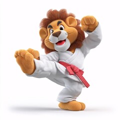 Playful Cartoon Lion in Taekwondo Uniform Performing a Kick on White Background