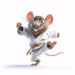Cartoon Rat in Taekwondo Performing a Playful Kick Pose on White Background