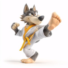 Cartoon Wolf Performing Taekwondo Kick in 3D Style on White Background