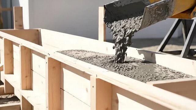 Fresh concrete material pouring from an industrial mixer chute into robust wooden formwork for a durable construction foundation or structural element