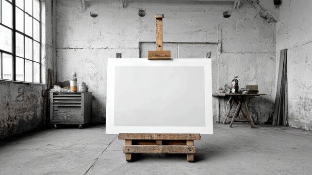 Minimalist industrial art studio mock up with empty canvas on rustic easel