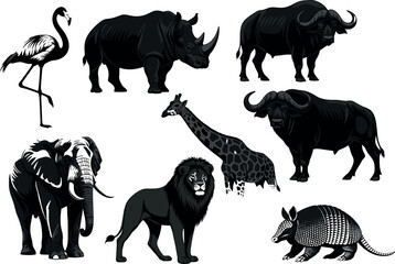 Stylized African wildlife vector set featuring elephant, lion, giraffe, rhino, flamingo, buffalo, armadillo in black and white illustration